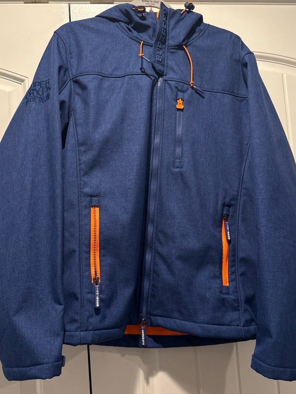 Superdry Men's Dark Blue Hooded Softshell Jacket with Orange Accents